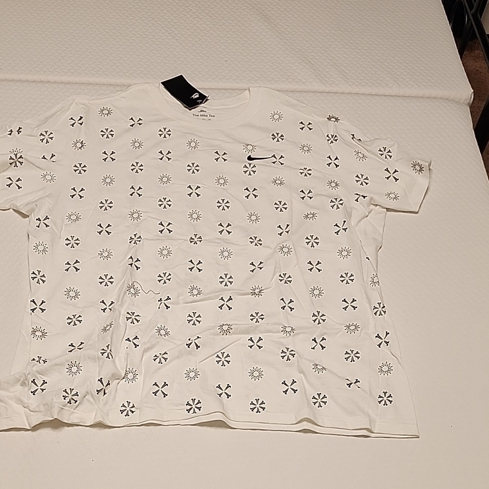 Nike White Tee with Black Swoosh and Repeating Floral Print